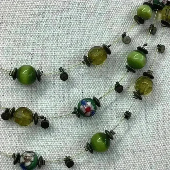 Vintage Cloisonné and Green Glass Beaded Wire Necklace - Picture 3 of 4